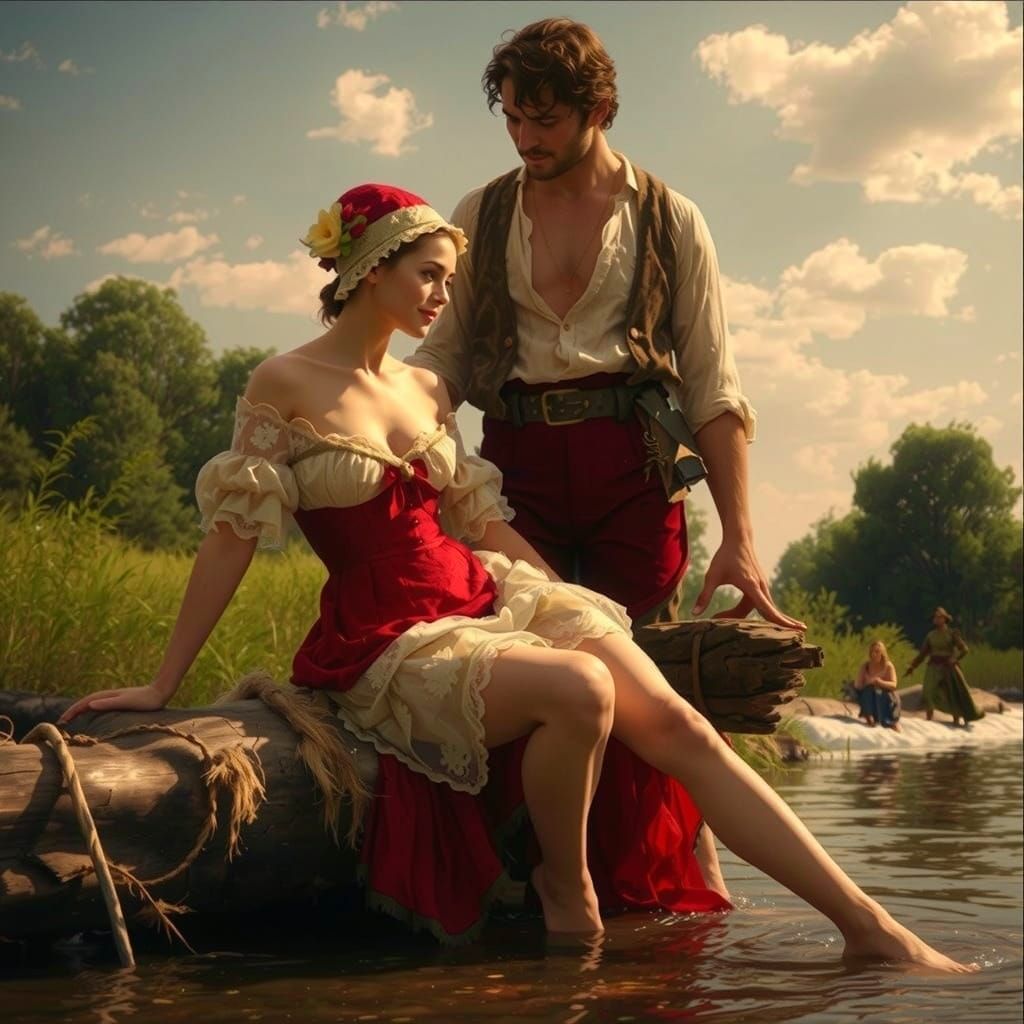 Couple by River in Period Attire