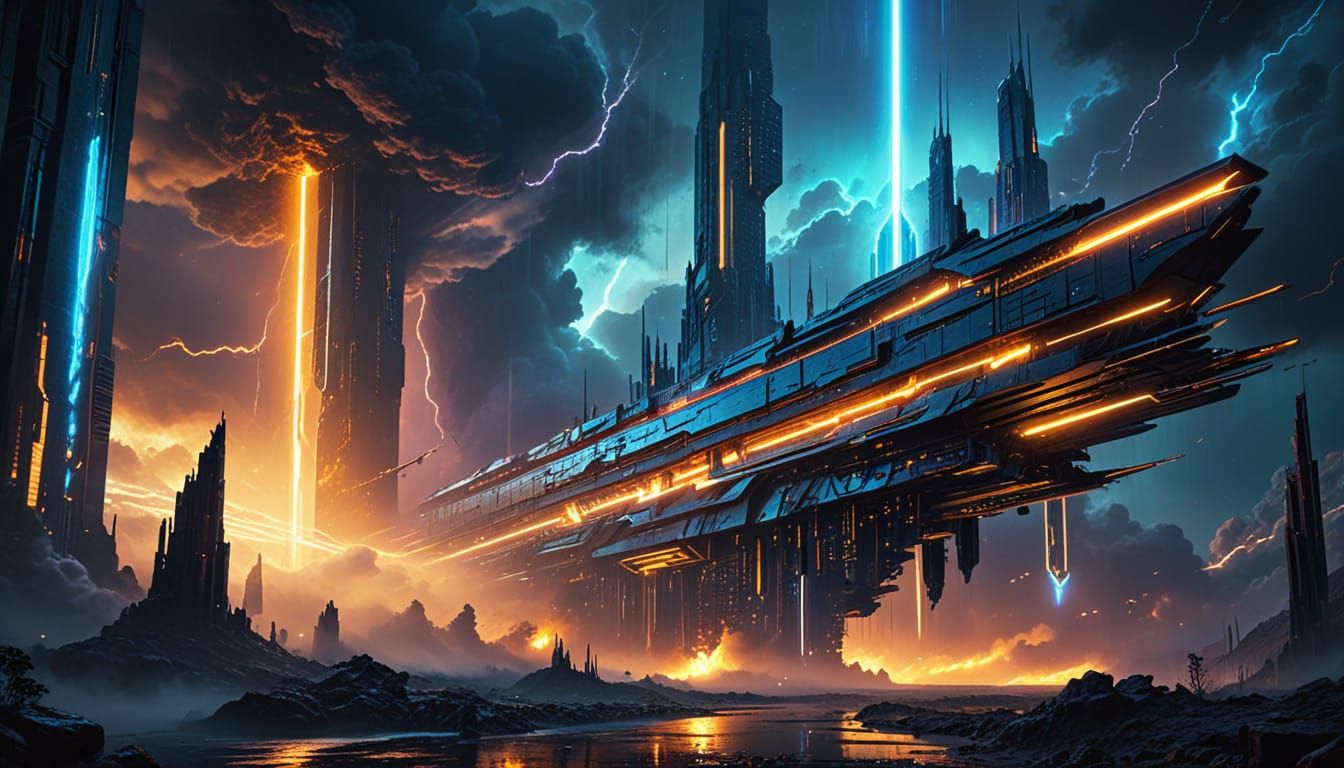 Cyberpunk Valhalla Above Futuristic City in Digital Art Styl...