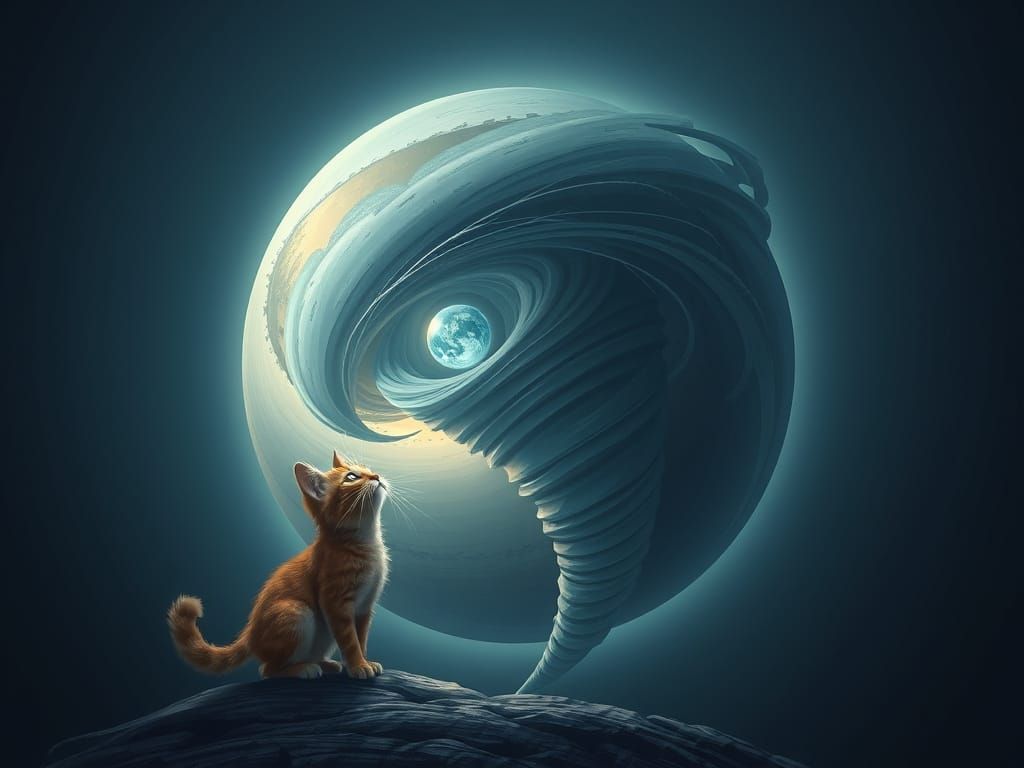 Dreamlike Logo Design with Swirling Tornado and Curious Cat