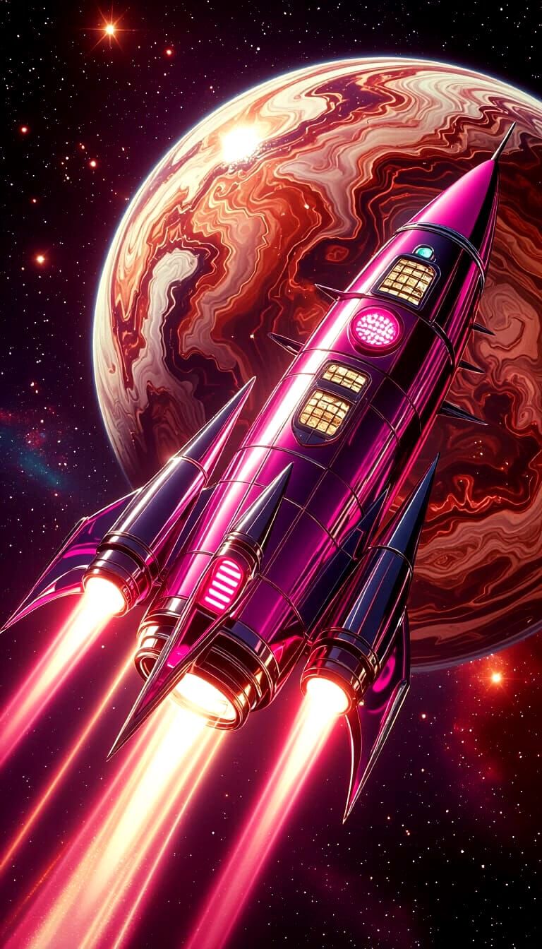 Hot Pink Chrome Rocket Ship Soaring Past Nebula Planet