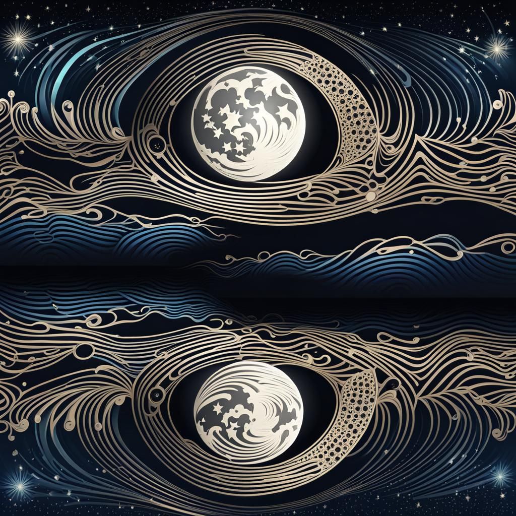 Moon and Stars Reflected in Still Water