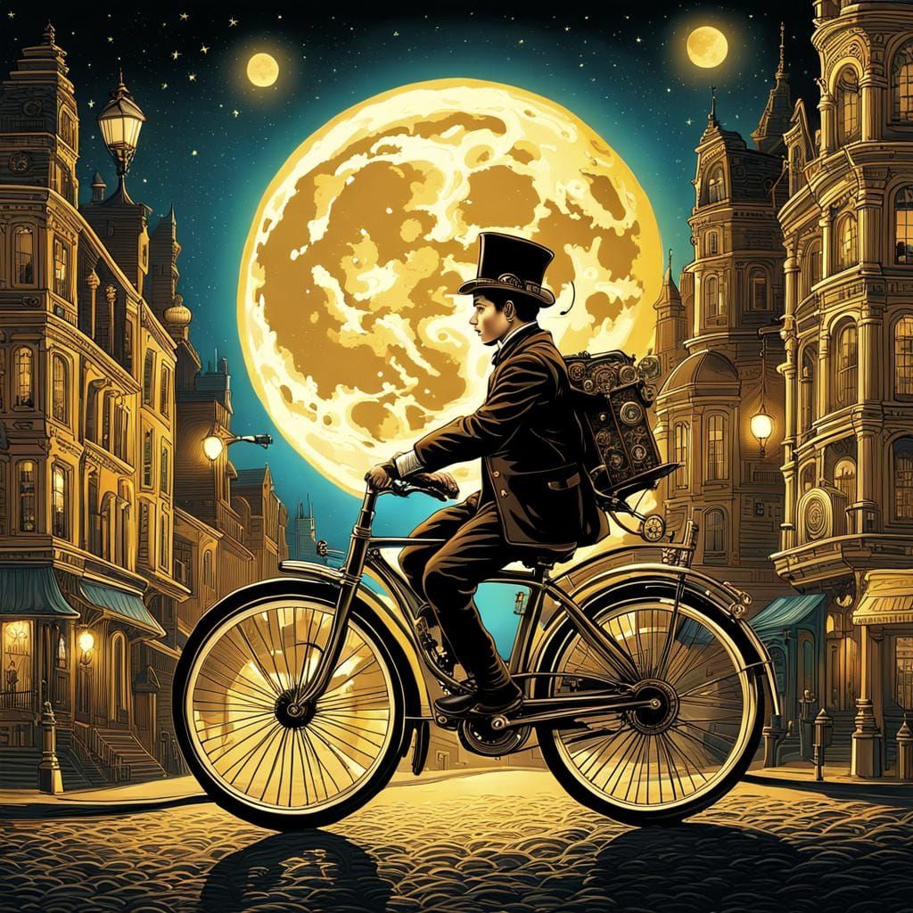 Steampunk Boy's Moonlit Bicycle Ride