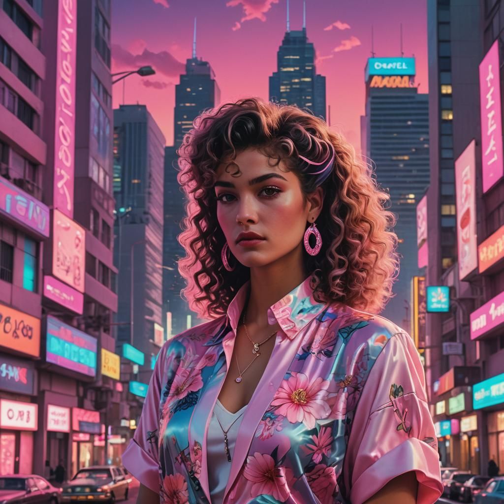 Mafia Woman in Vaporwave Cityscape: 80s Pastel Art