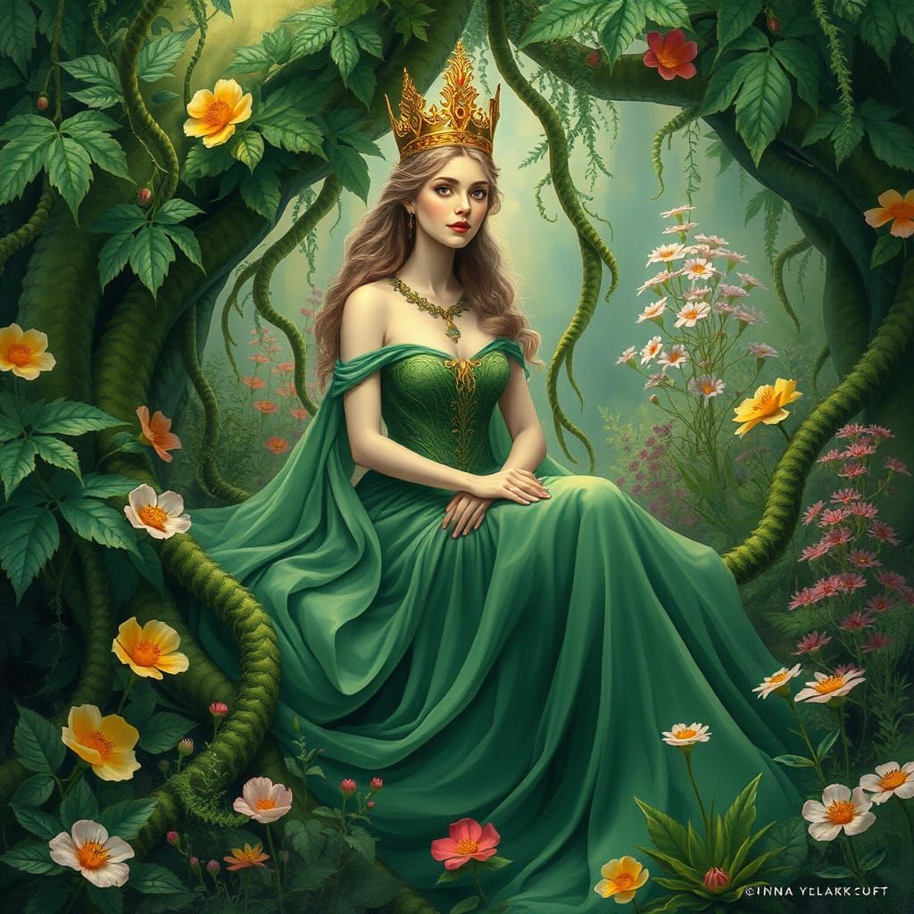 Majestic Flower Queen in Whimsical Garden Sanctuary