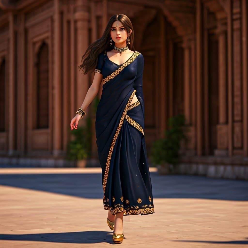Indian Young Woman in Traditional Sari, Inspired by Anime Ae...
