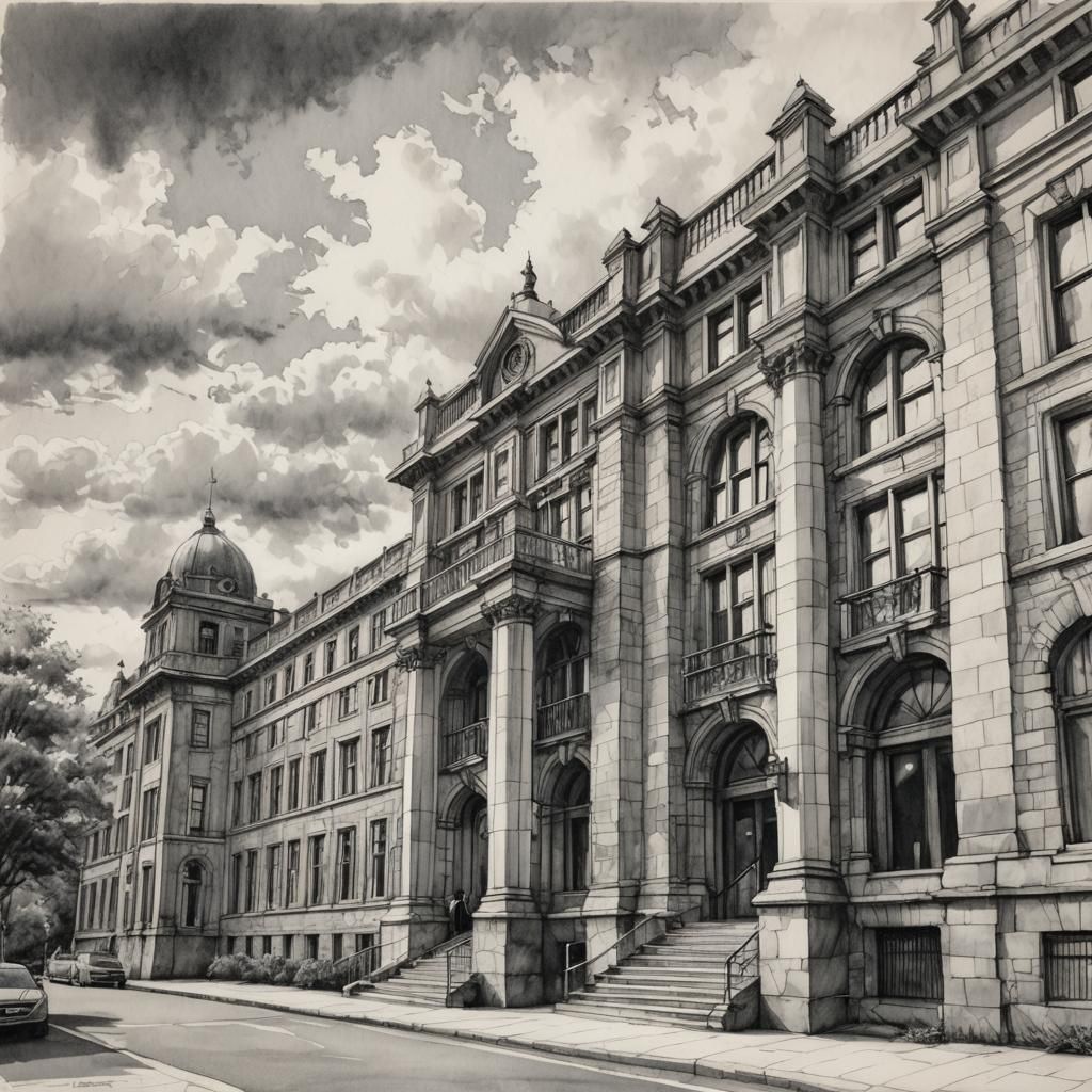 Monochrome Urban Sketch of Montfort School Facade