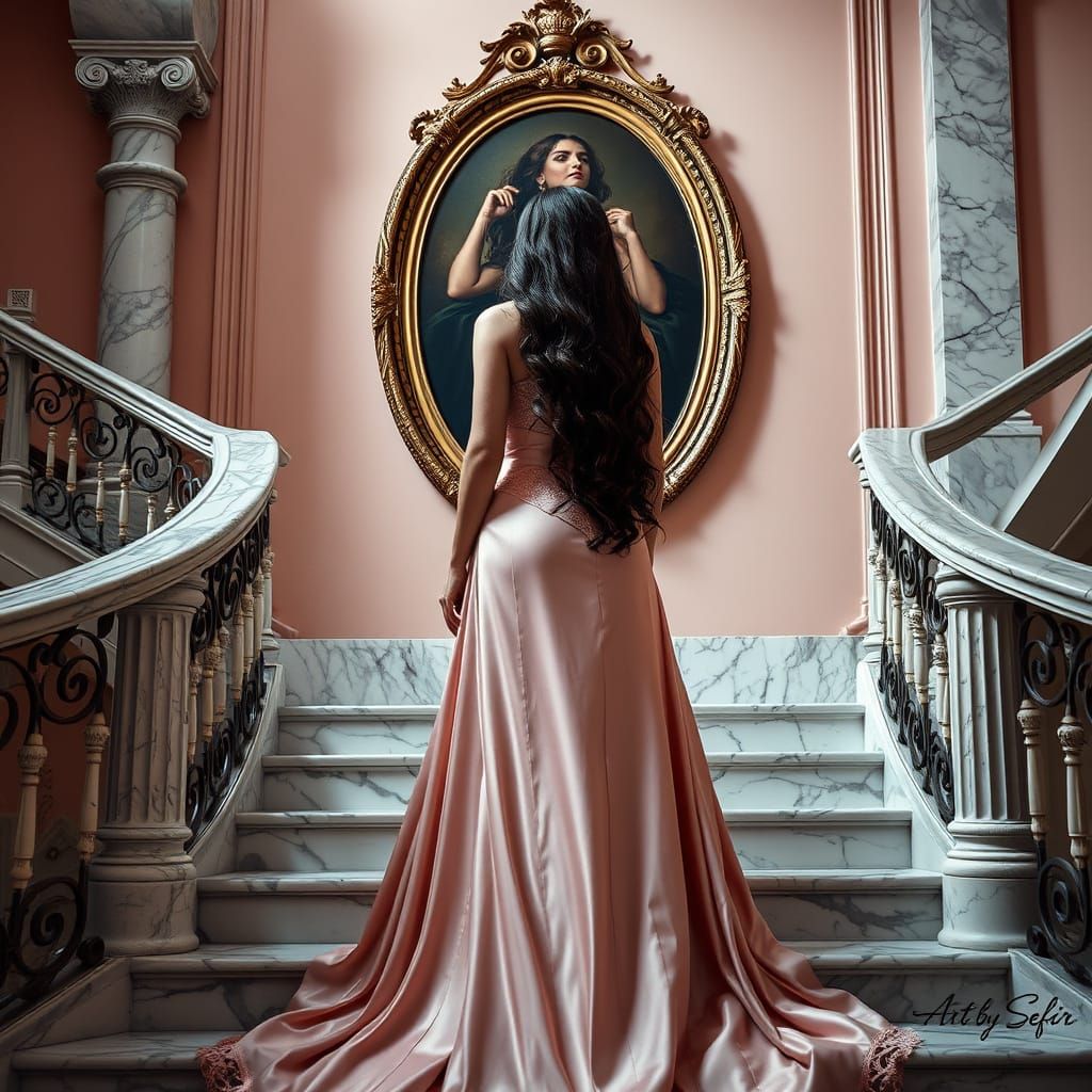 Elegant Woman on Marble Staircase in Fine Art Photography St...