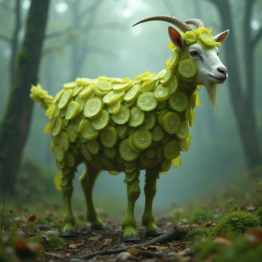 Goat Covered in Pickles in Dreamlike Forest