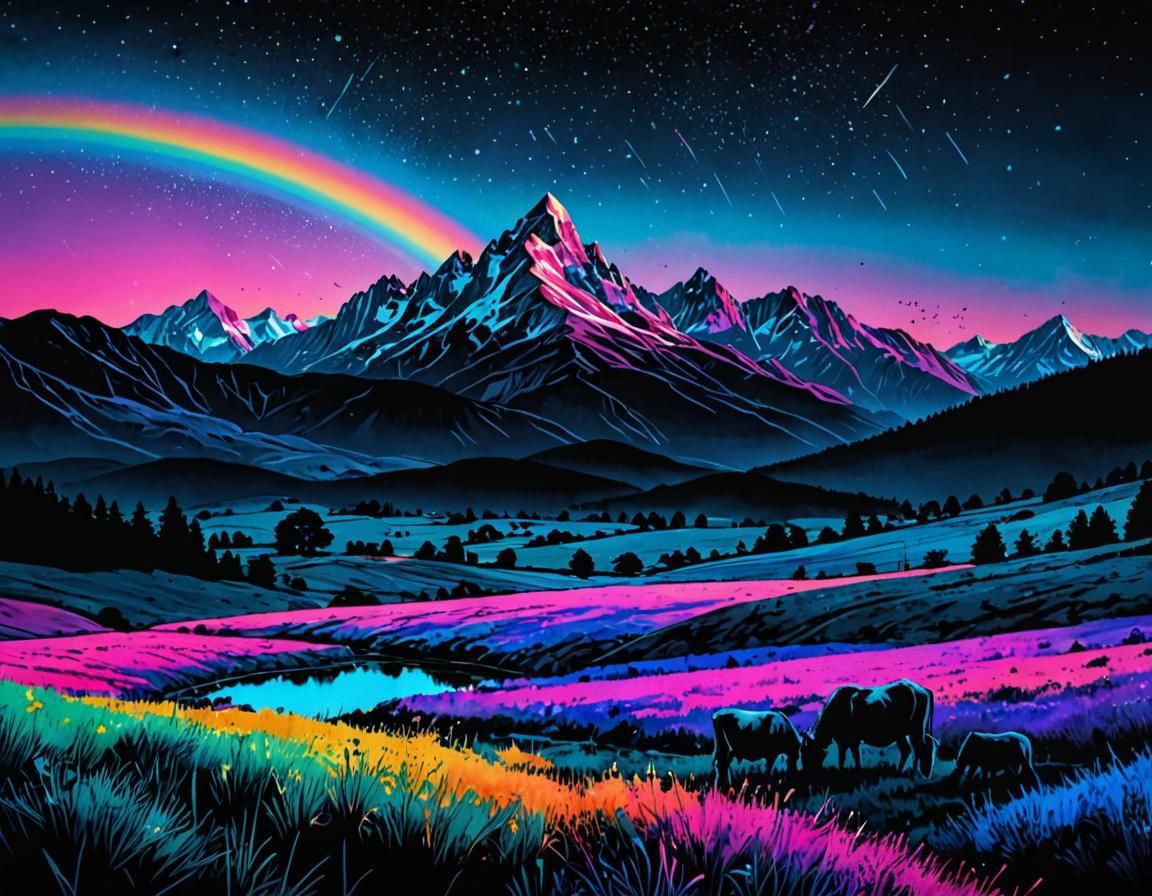 Rainbow Pasture: Neon Watercolor Mountain Landscape