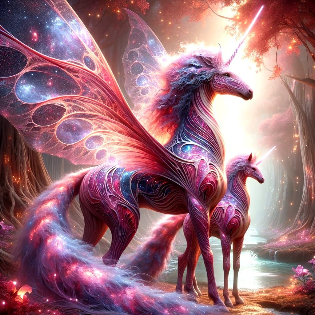 Mother and Baby Unicorn-Dragon in Mystical Forest