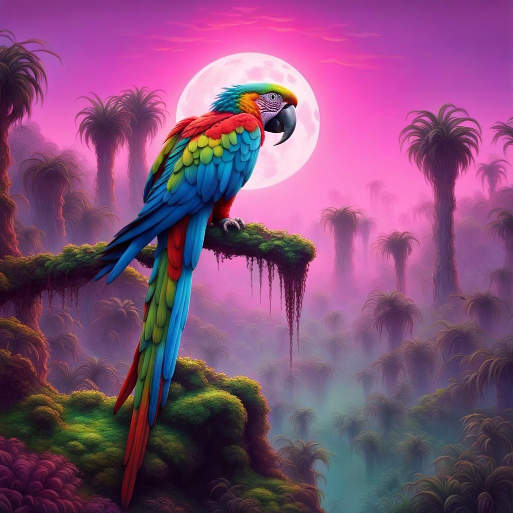 Mystic Macaw, Merlin, and Mouse in Impressionist Style