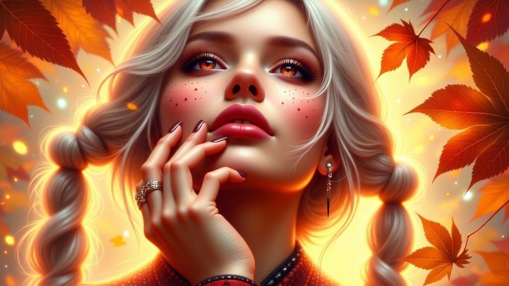 Joyful Woman in Autumn Leaves, Pre-Raphaelite Style