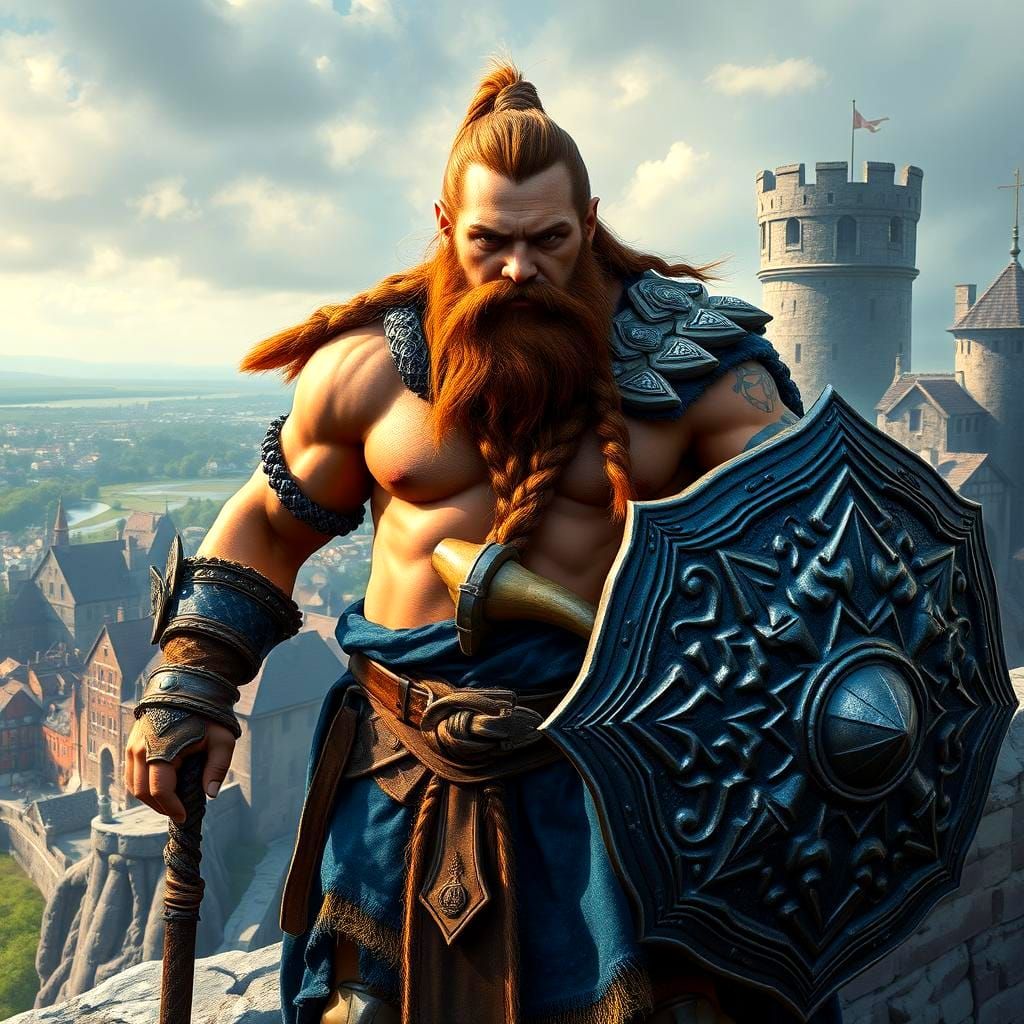 Dwarf Warrior Priest with Dragon Scale Shield in Fantasy Art