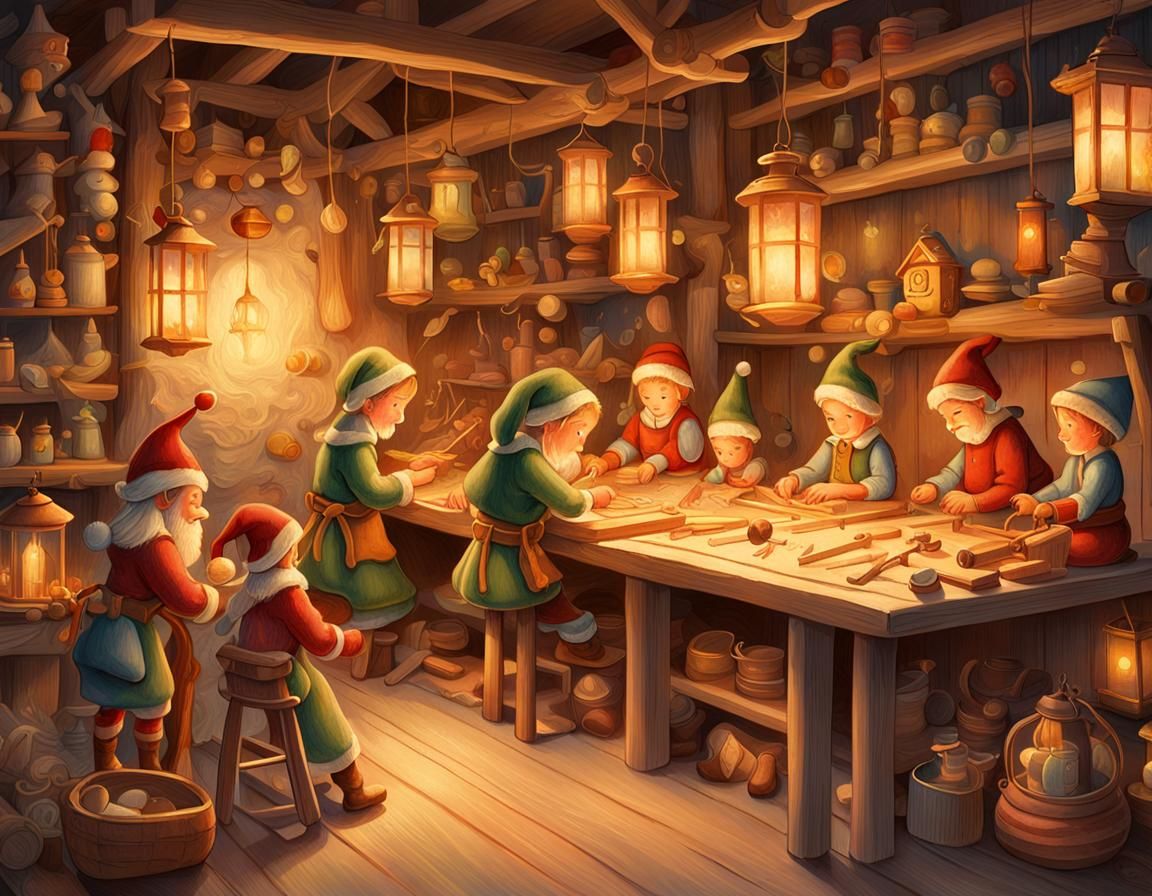 Santa's Elves at Work in a Whimsical Wooden Workshop