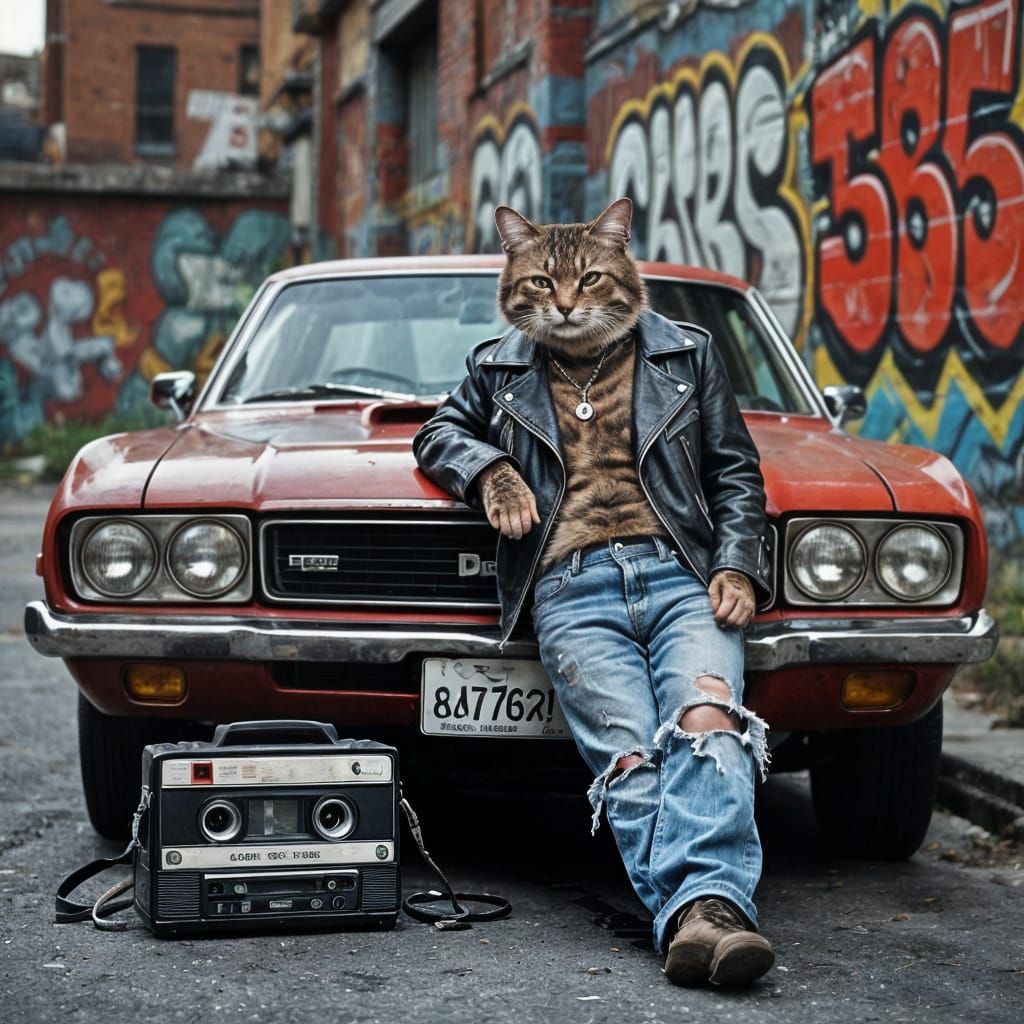 Rebellious Gen X Cat in Gritty Urban Scene