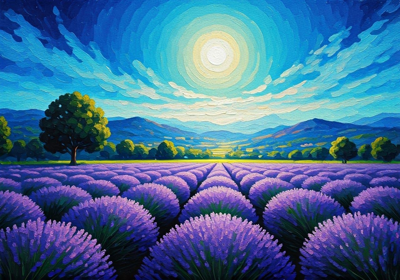 Lavender Fields at Night: A Pointillist Oil Painting