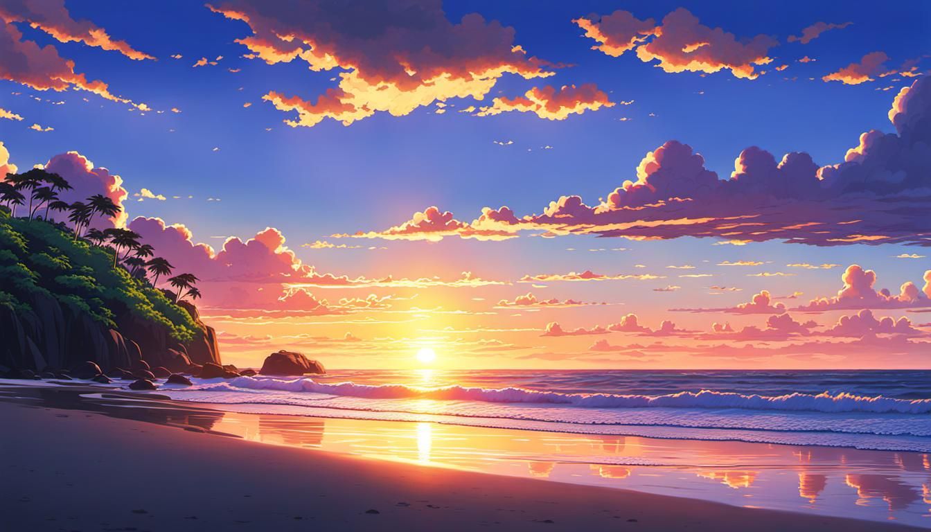 Sunset Beach Scene in Studio Ghibli Anime Style