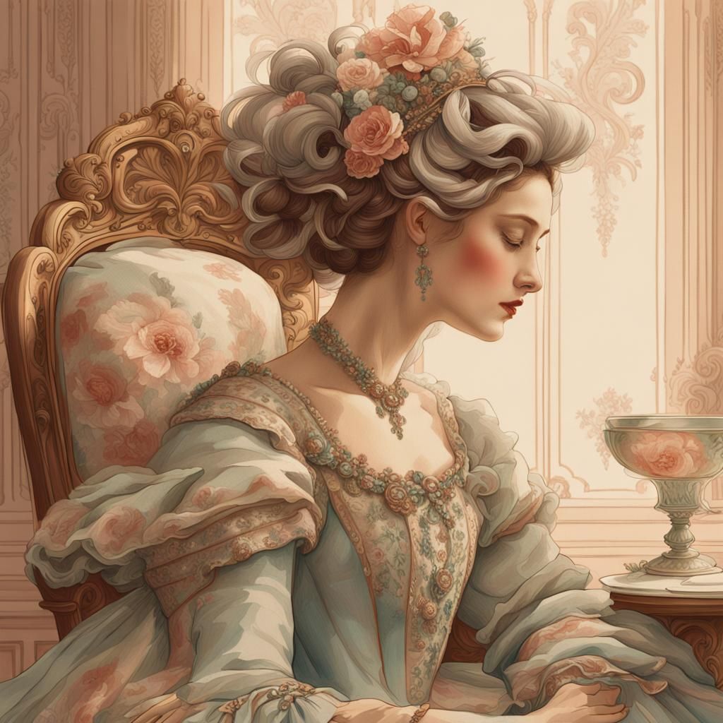 Elegant Woman in Rococo Attire, Ornate Headdress, and Chair