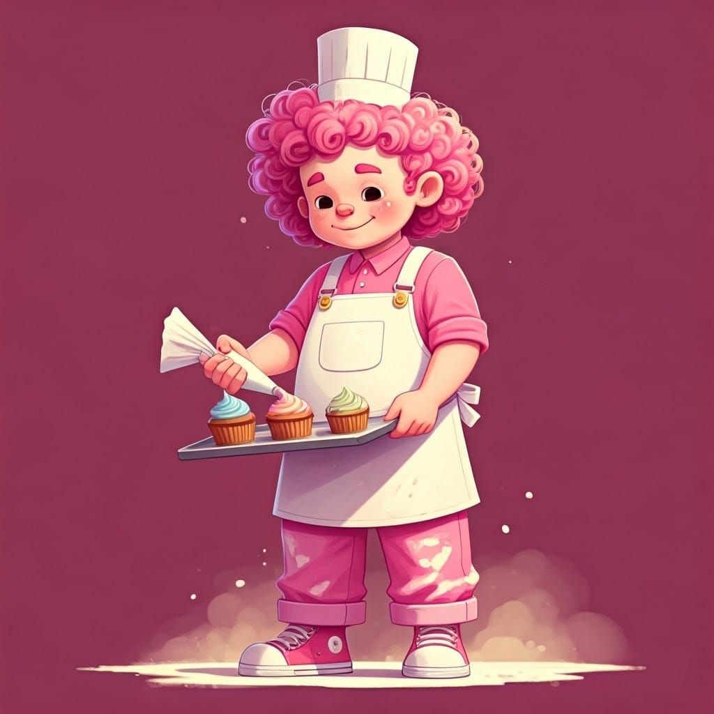 Pink-Haired Boy Decorating Cupcakes, Whimsical Illustration