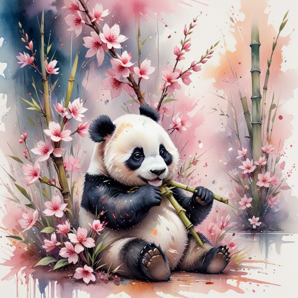 Chubby Panda with Bamboo in Kawaii Watercolour Style