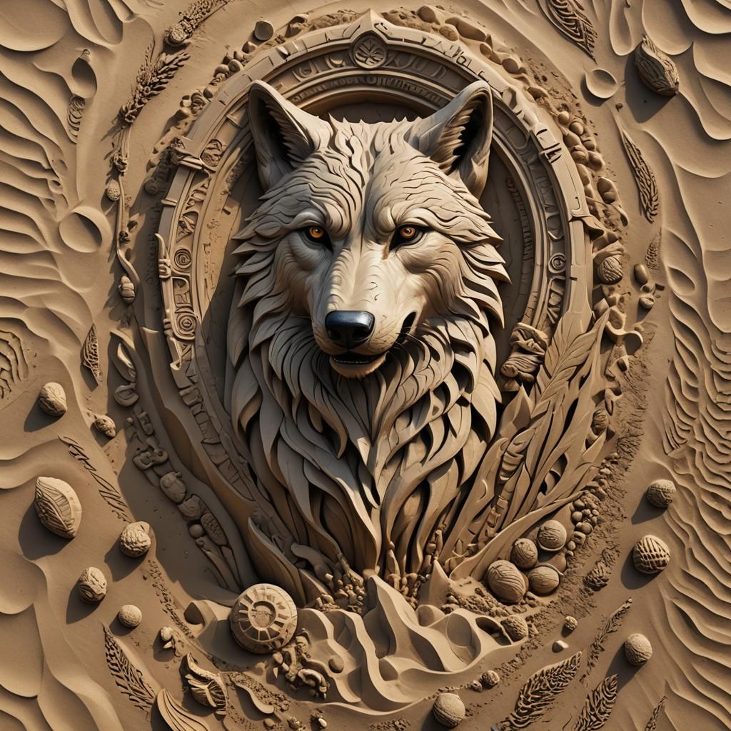 Detailed Sand Wolf Sculpture on the Beach