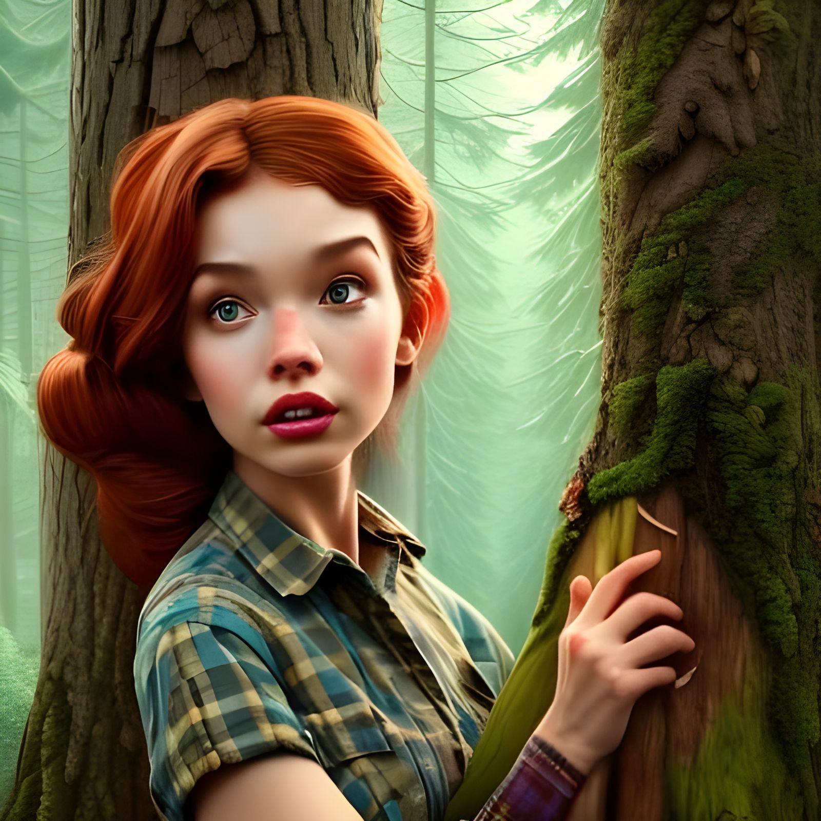 Beautiful Lumberjack Woman in Forest, Digital Art