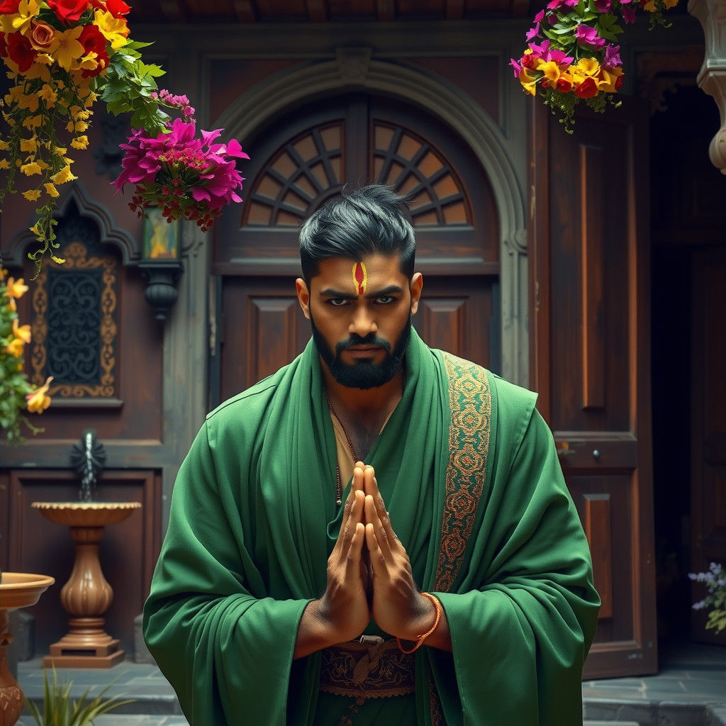 Indian Man Praying in Byzantine Courtyard, Fantasy Art
