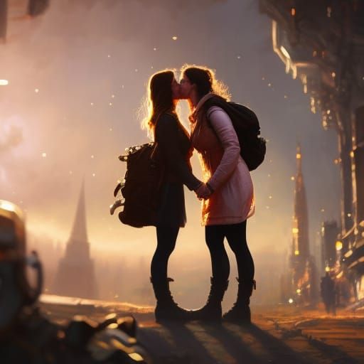 Two Women Kissing with Engagement Ring, Neo-Impressionism