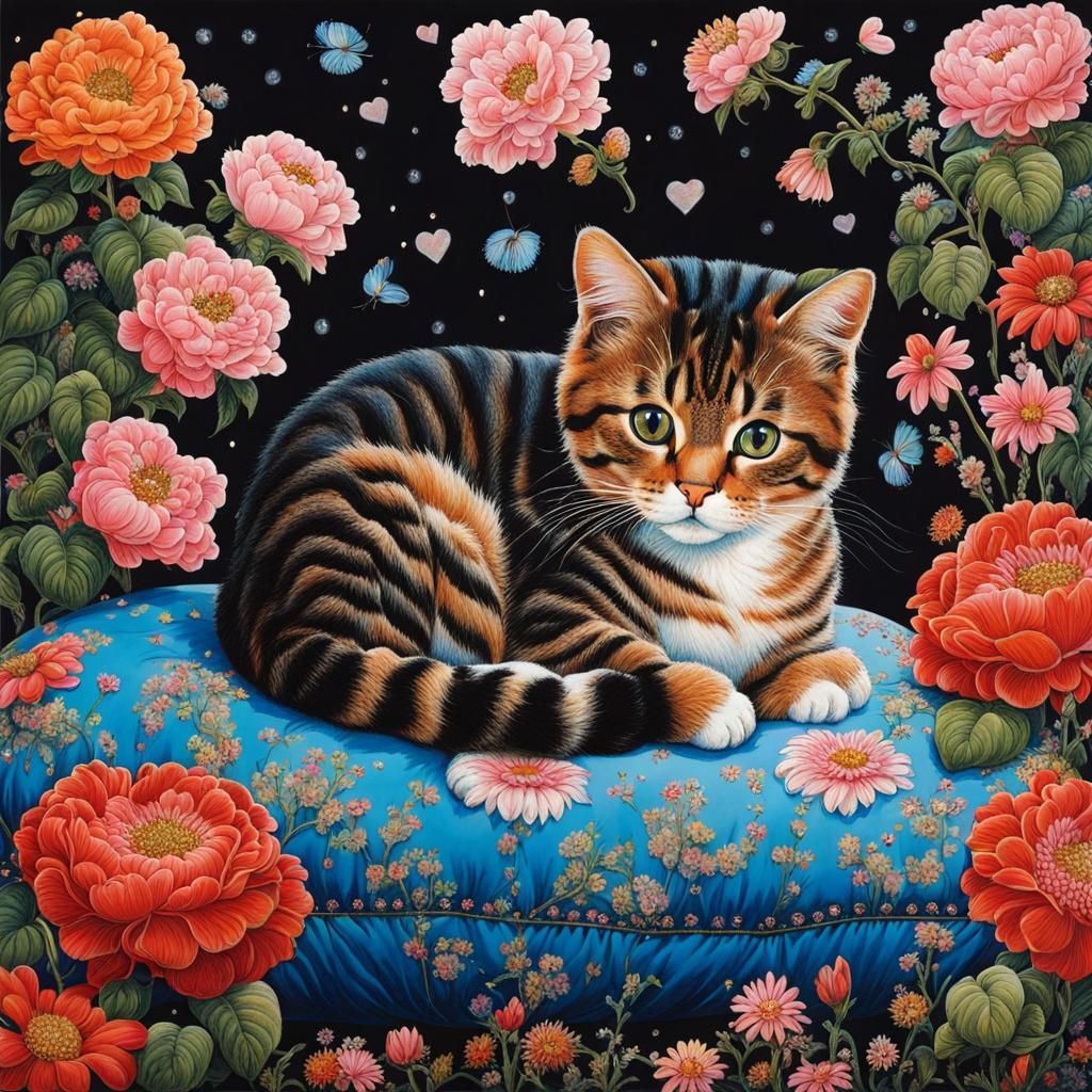 Cute Cat with Flowers in Opulent Style