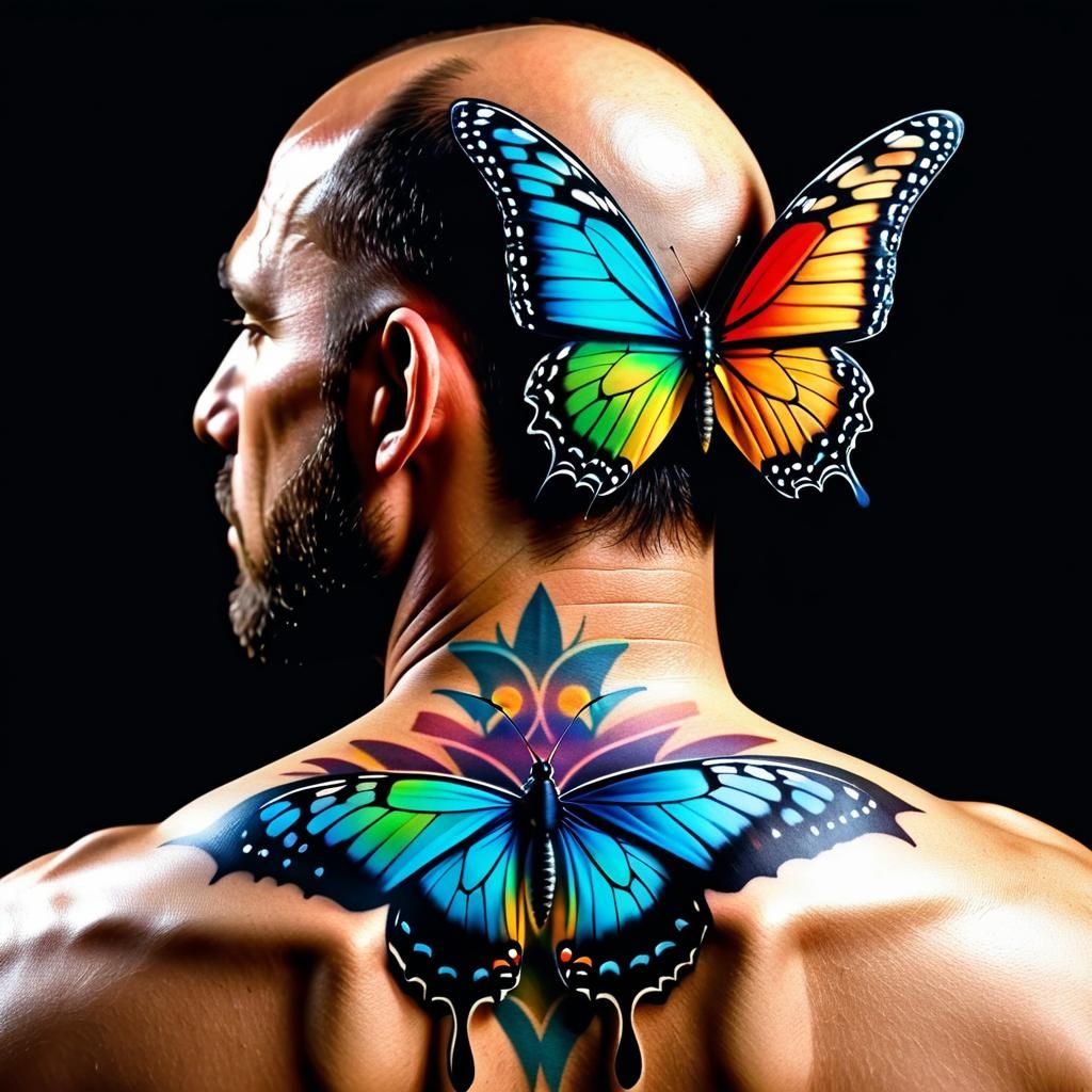 Colorful Butterfly Tattoo on Man's Back in HDR