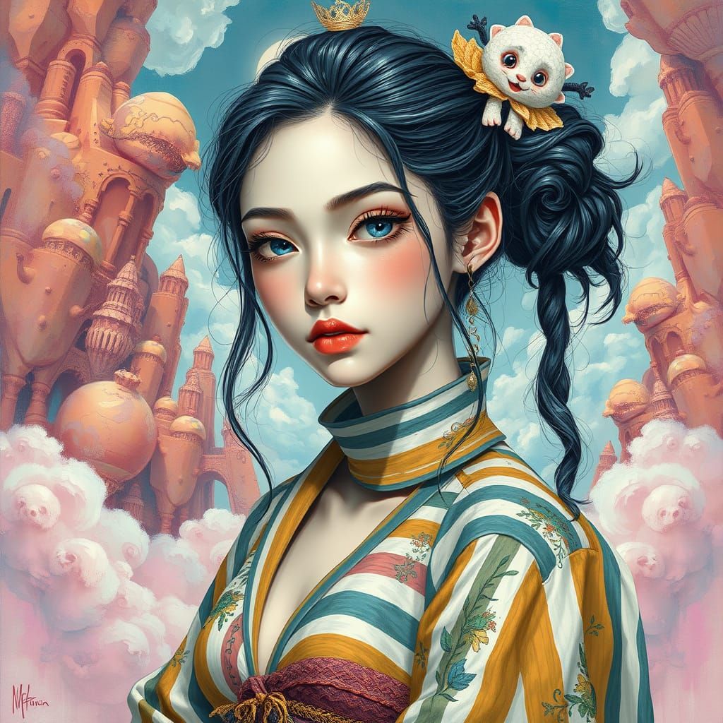 Whimsical Young Woman in Striped Outfit, Acrylic Impasto Pai...