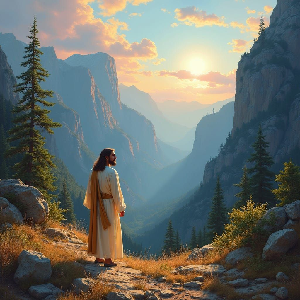 Jesus Walking with Flock in Serene Mountain Landscape