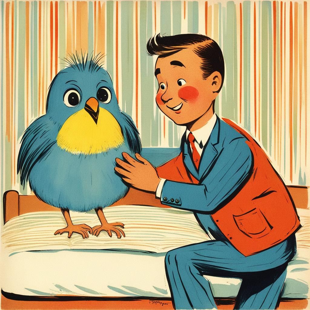 Vintage Children's Book Illustration: Bird Family Bedtime