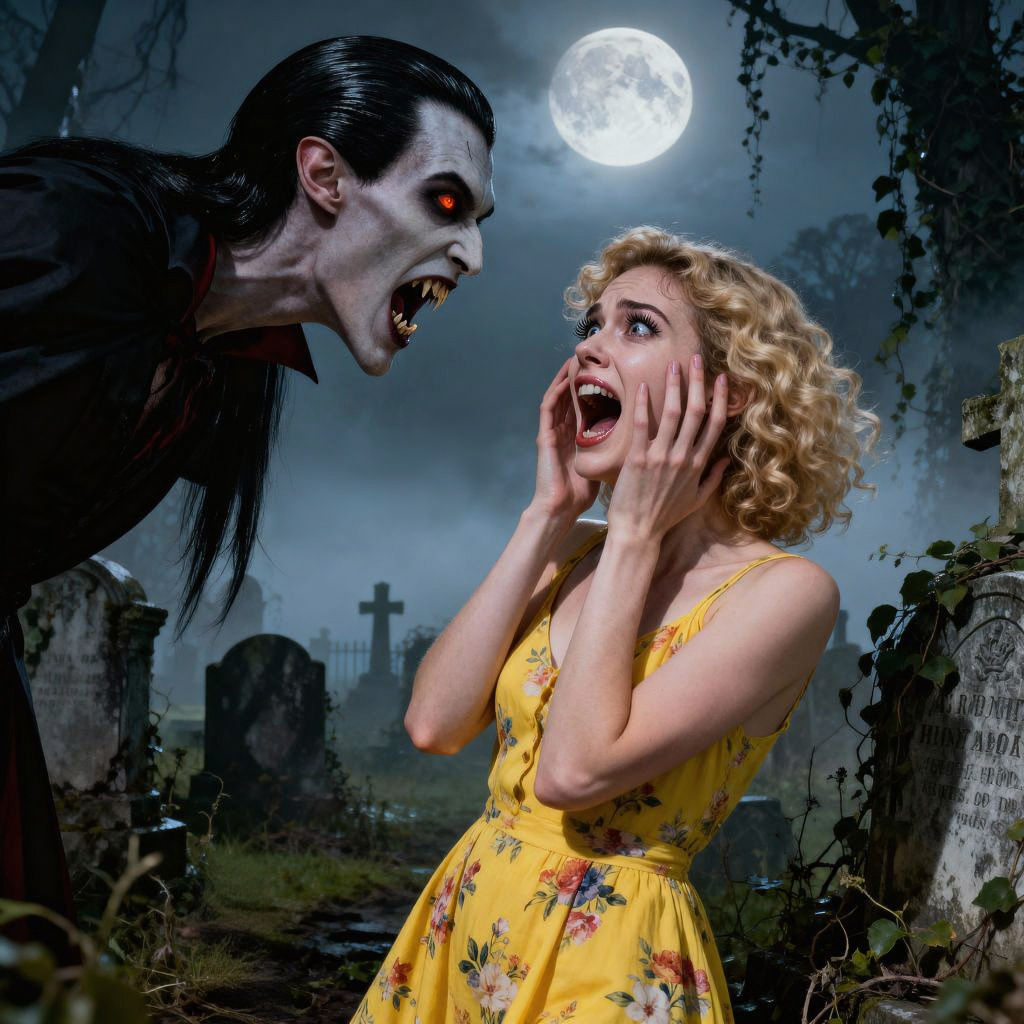 Woman Screams in Terror Facing Vampire in Graveyard