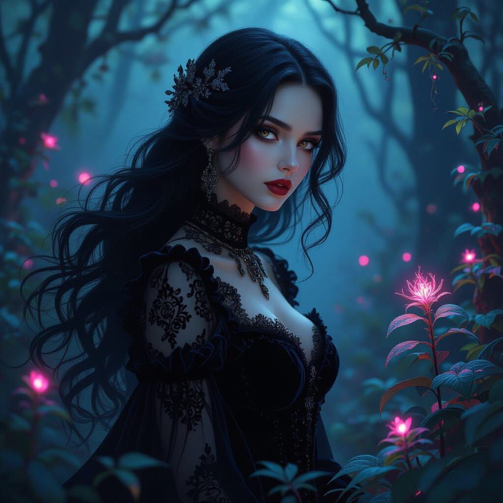 Goth Maiden in Bioluminescent Twilight Forest