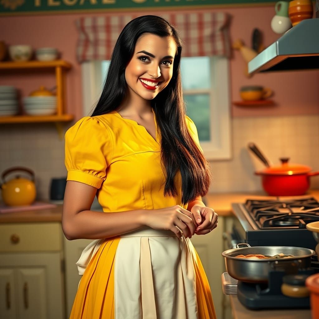 Tradwife in 1940s Kitchen, Hyperrealistic Digital Art