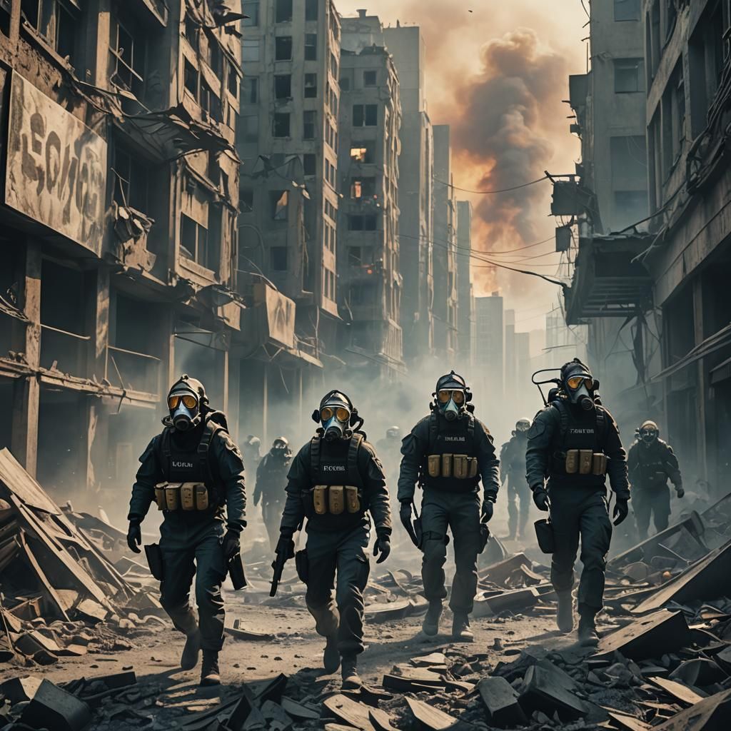 Dystopian Protest in a Futuristic City Ruins