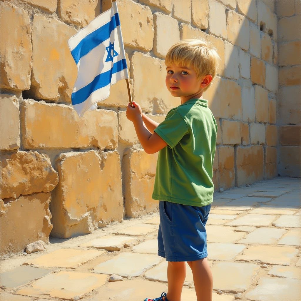 Young Boy Waves Israeli Flag Near Western Wall in Jerusalem