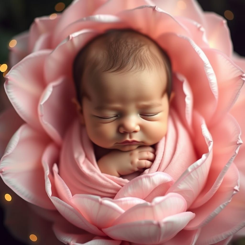 Ethereal Newborn Baby Surrounded by Flower Petals