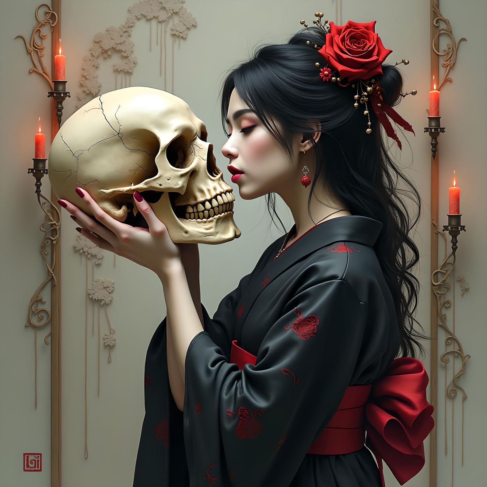 Woman Kissing Skull in Gothic Japanese Art Style