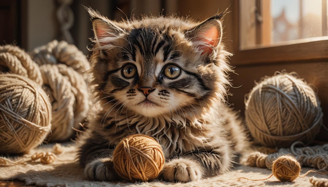 Hyperrealistic Kitten Portrait Playing with Yarn