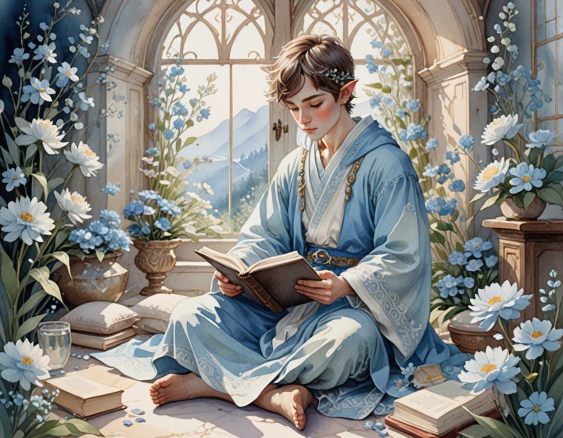 Ethereal Elven Scholar in Whimsical Watercolor