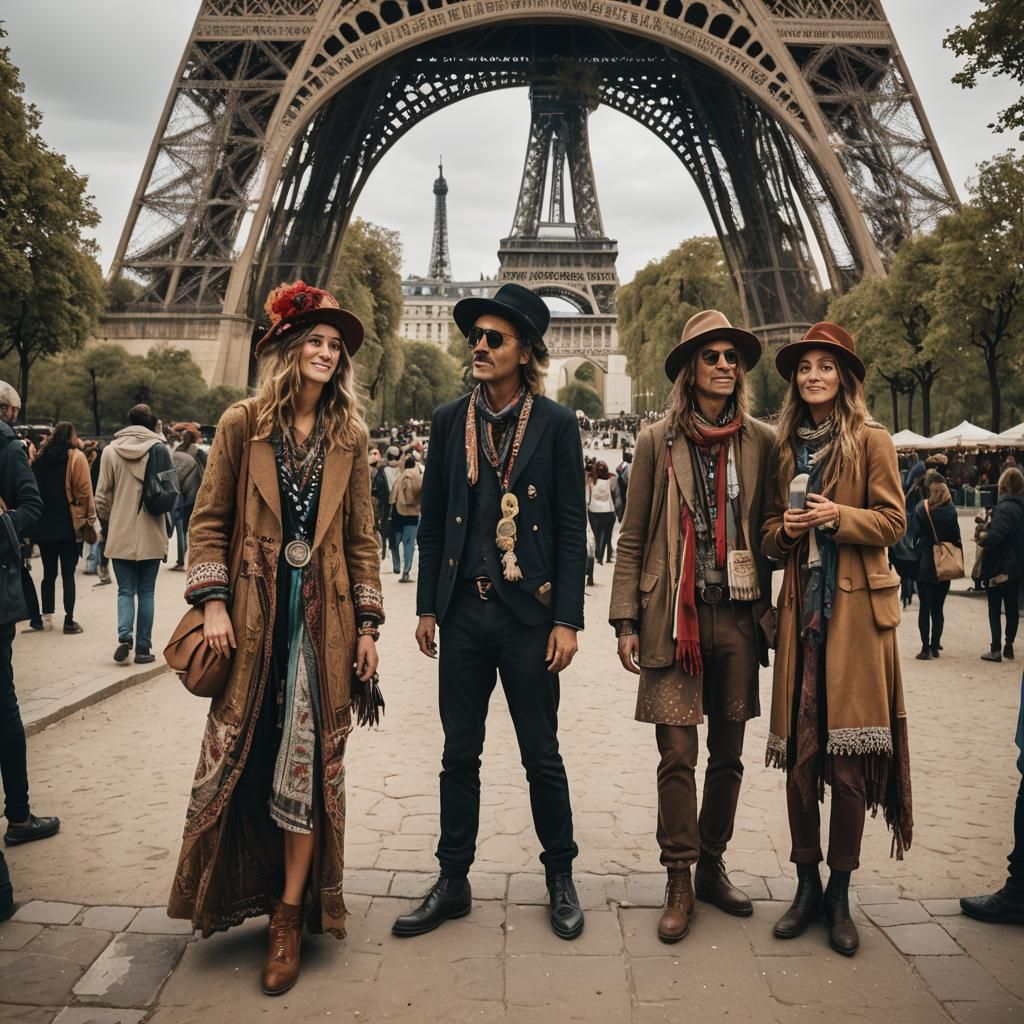 Bohemian Figures at Eiffel Tower: Wide-Angle View