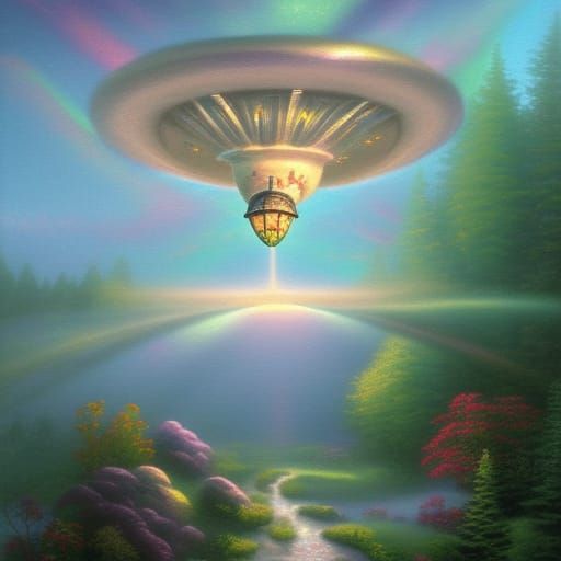 Ethereal Flying Saucer in a Luminous Fantasy Landscape