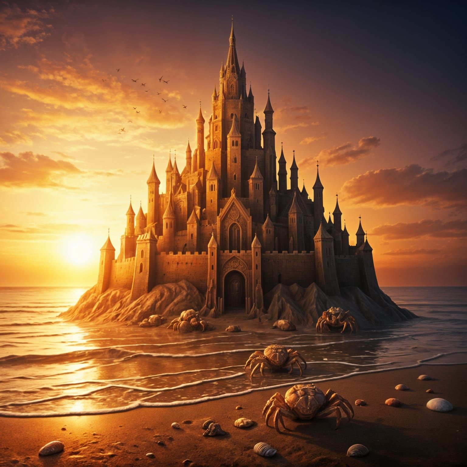 Crabs Build Sandcastle at Sunset: Dark Fantasy Art