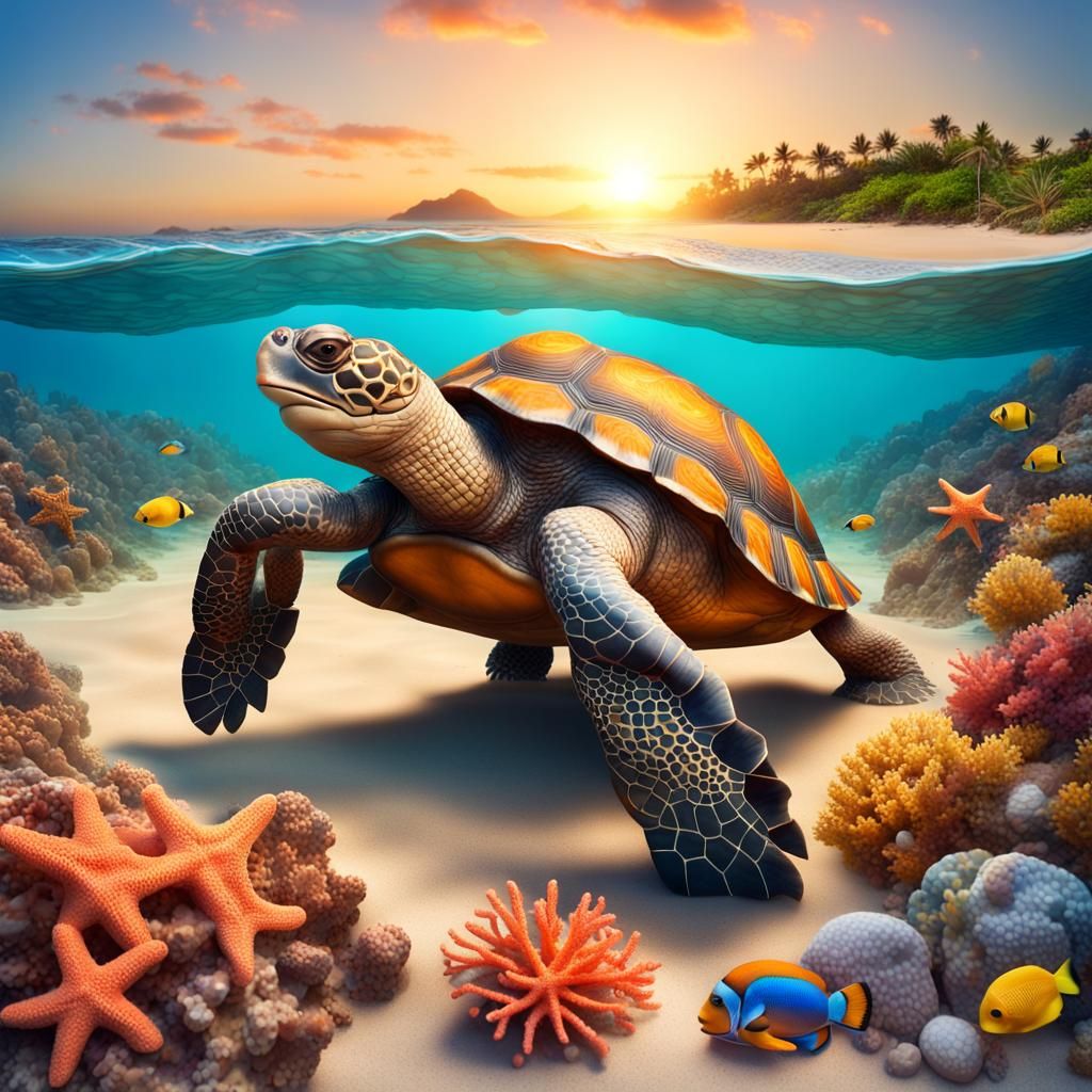 Mosaic Tortoise Shell on Golden Hour Beach