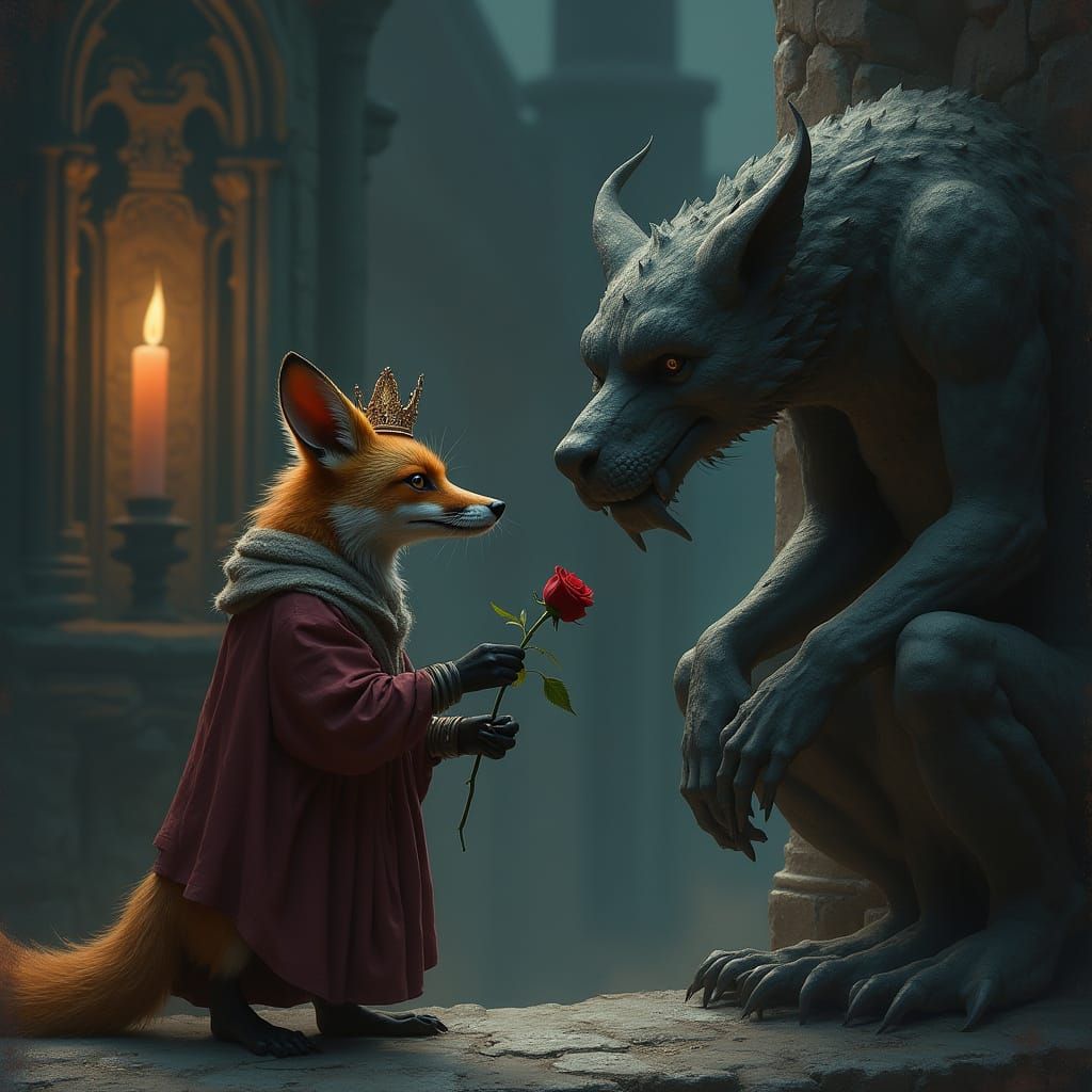 Dark Fantasy Fox Offers Rose to Gargoyle in Gothic Cathedral