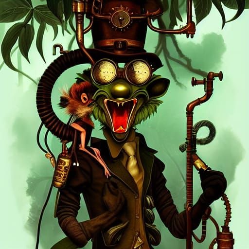 Steampunk Aye-Aye Sipping Absinthe in Rainforest