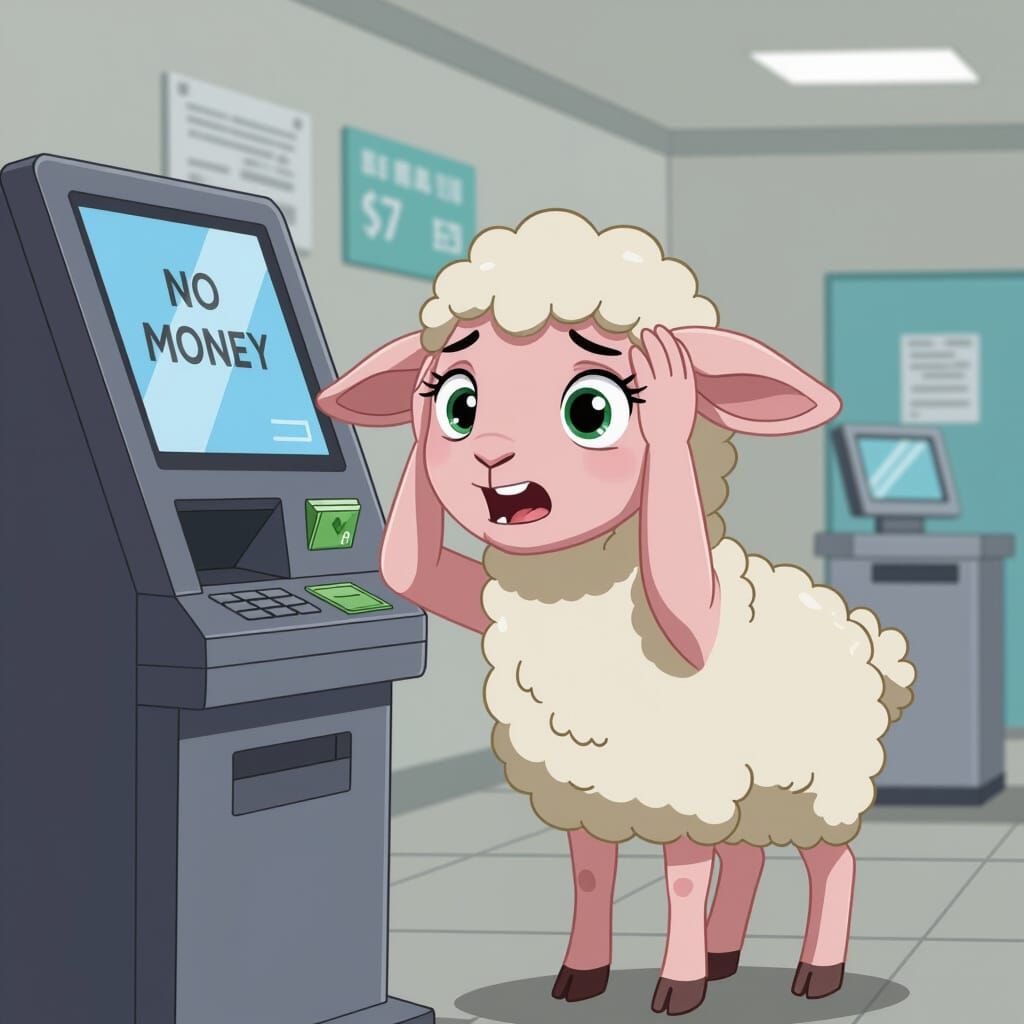 Nervous Lamb at ATM in Cartoon Style