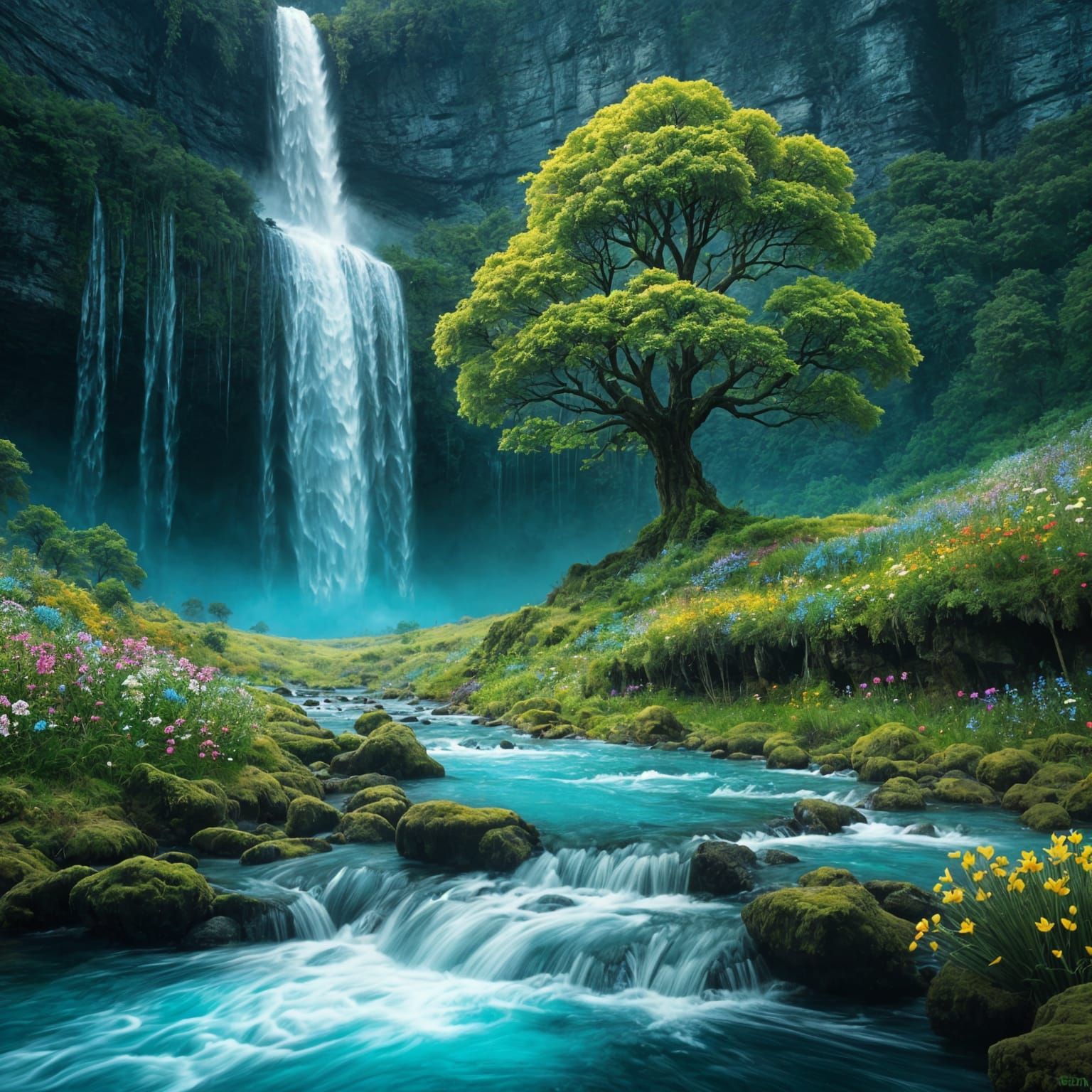 Vivid Nordic Tree in Front of Teal Blue Waterfall in Forest